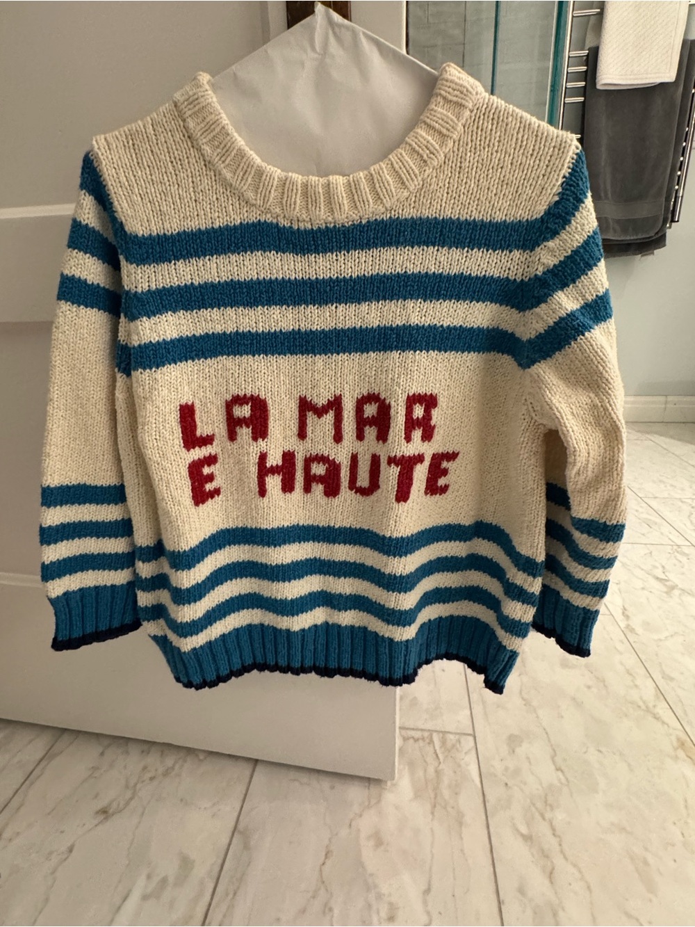 MOTHER Cream Sweater with Teal Stripes and Red Graphic